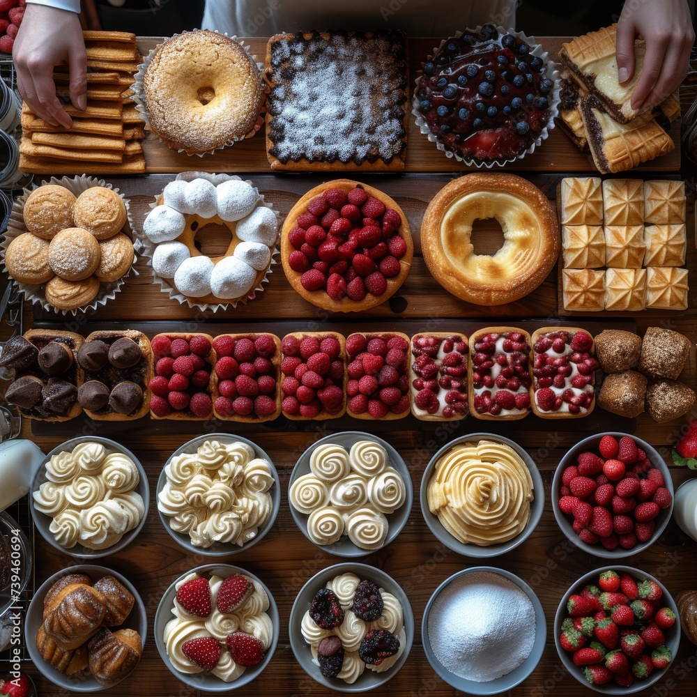 A flat lay composition of various pastries and confections neatly arranged on a rustic wooden table, ideal for showcasing a bakery's diverse dessert offerings. A flat lay composition of various pastries and confections neatly arranged on a rustic wooden table, ideal for showcasing a bakery's diverse dessert offerings.