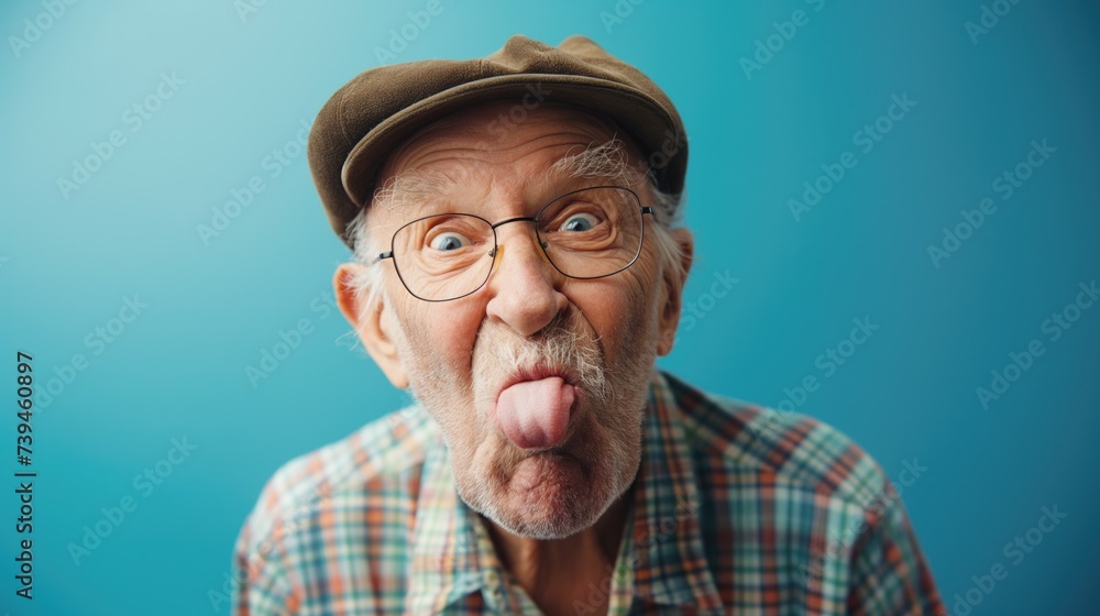 Obraz premium Old man sticking his tongue out at the camera against a blue background. Vieil homme tirant la langue à la caméra sur fond bleu.