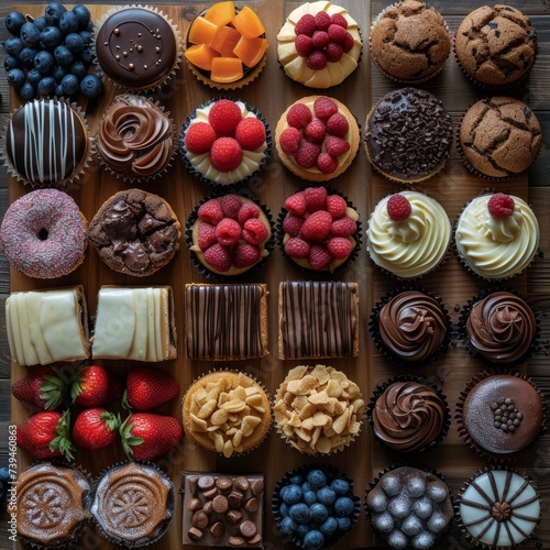 A flat lay composition of various pastries and confections neatly arranged on a rustic wooden table, ideal for showcasing a bakery's diverse dessert offerings.