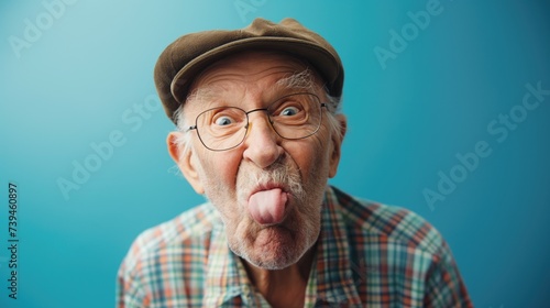 Old man sticking his tongue out at the camera against a blue background. Vieil homme tirant la langue à la caméra sur fond bleu. photo