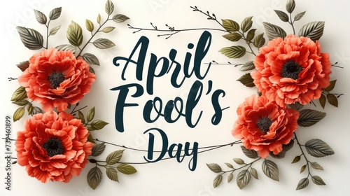 A card with the words "April Fool's Day" written in bold colorful letters on a festive background surrounded by orange flowers