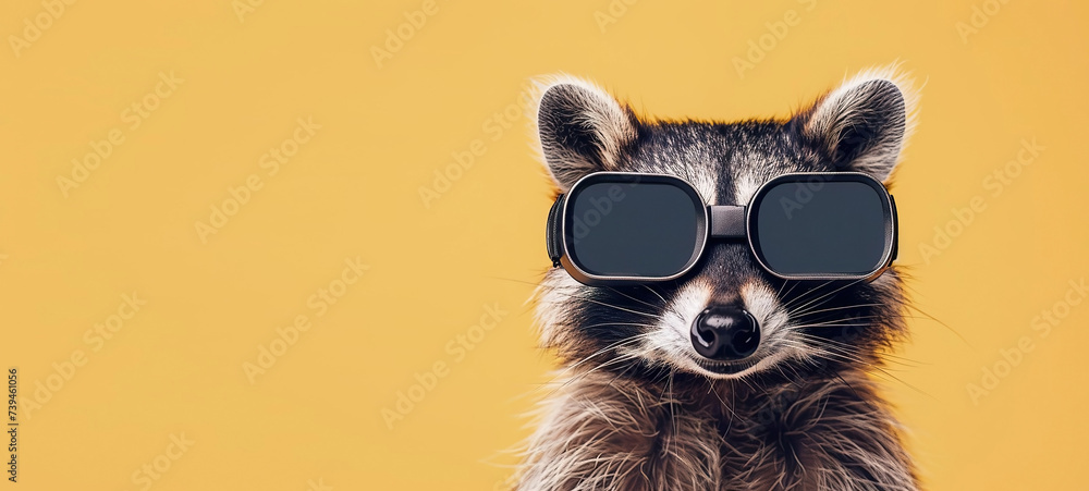 Portrait of a funny raccoons in aviator sunglasses on yellow background. Banner, empty place for the text. Generated AI