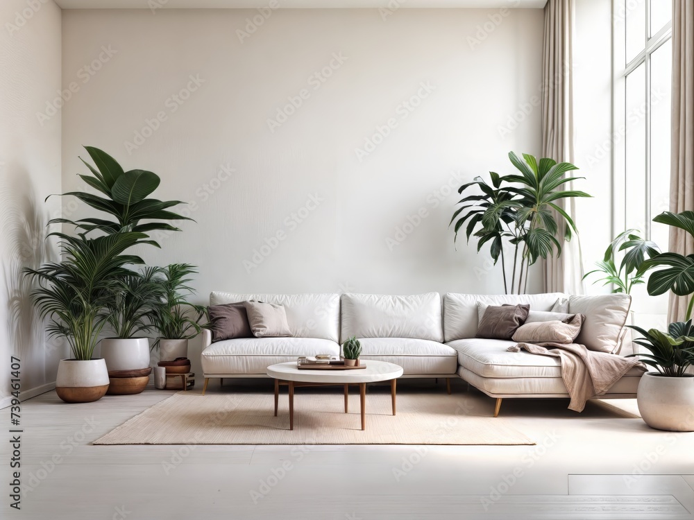 A white sofa sits in a room with white walls and large plants minimal.