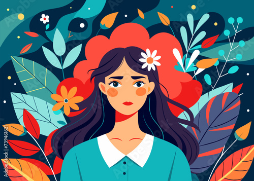 Woman in PTSD, depression, anxiety and Mental Health problem vector illustration in abstract background