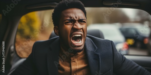 Frustrated black man voice his displeasure in the rear of a car. Concept Expression of Frustration, African American Man, Car Interior, Emotional Outburst © Ян Заболотний