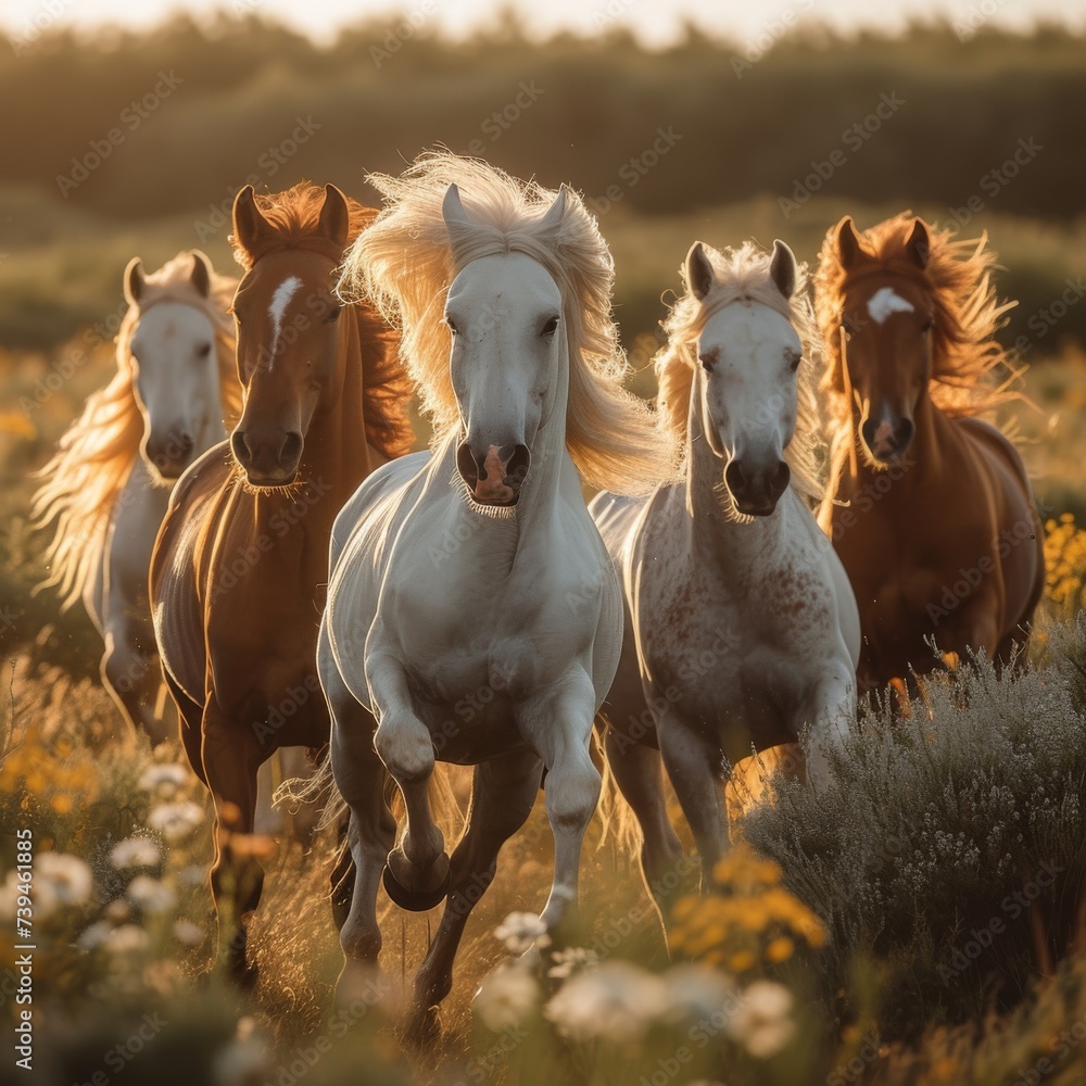 Obraz premium A group of wild horses galloping across an open field, their flowing manes and tails creating a sense of freedom and untamed beauty