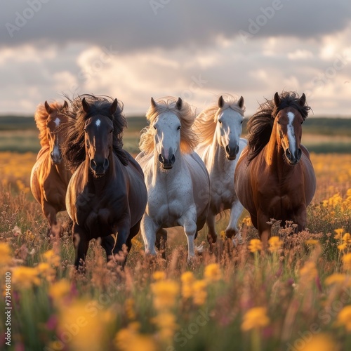 A group of wild horses galloping across an open field  their flowing manes and tails creating a sense of freedom and untamed beauty 