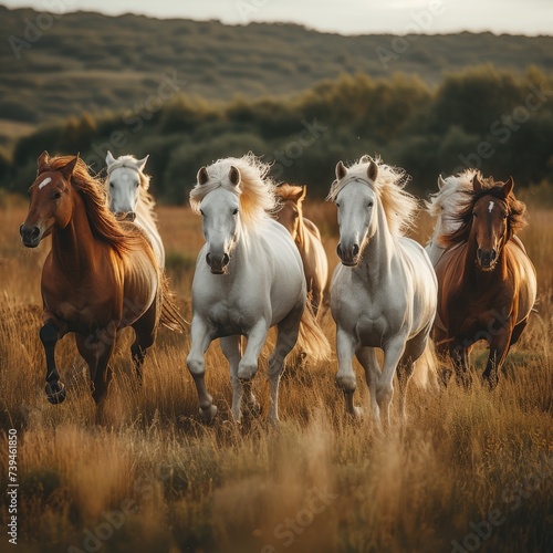 A group of wild horses galloping across an open field, their flowing manes and tails creating a sense of freedom and untamed beauty 