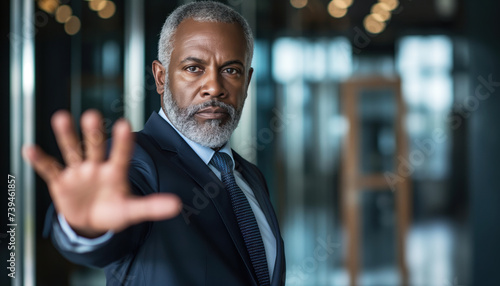 A brutal 55-years old black man in business suit stretches out his palm to the camera and says with a "stop" gesture. Social problems disrespect for the older generation, prohibition, refusal, disagre © mikhailberkut