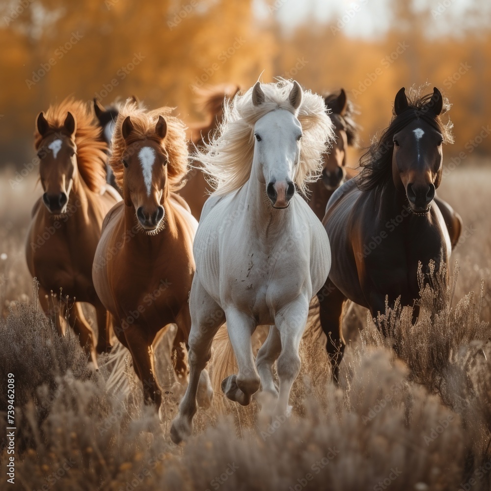 Obraz premium A group of wild horses galloping across an open field, their flowing manes and tails creating a sense of freedom and untamed beauty