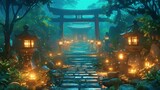 Zen Garden with Pathway Lined by Glowing Lanterns, leading through an arrangement of stones and trees to a tranquil pavilion., fantasy scenery. digital artwork. fantasy illustration