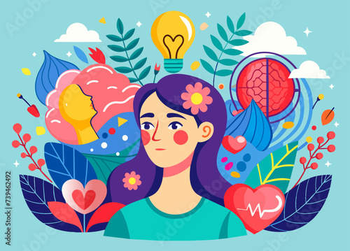 Woman in PTSD, depression, anxiety and Mental Health problem vector illustration in abstract background
