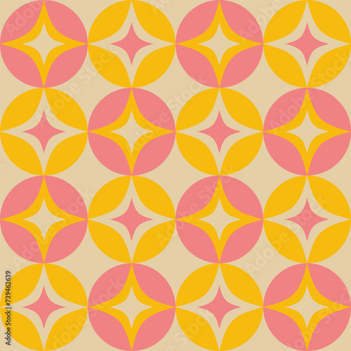Retro Atomic Age Style Pattern Design With Stars And Circles. Pink and Yellow Retro Mid Century Modern Geometric Seamless Pattern.