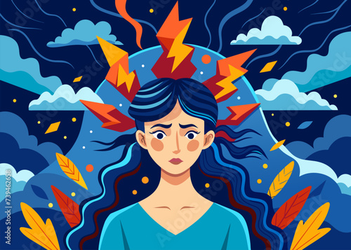 woman with PTSD, Young sad depressed woman mental health problems. Behavior expression person concept. Various emotions.