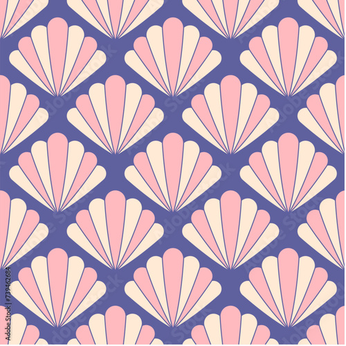 Seashell seamless vector pattern with striped shells on purple background. Cute seamless stylized seashell seamless pattern. 
