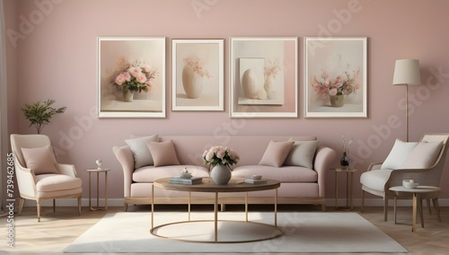 Get lost in the beauty of this living room wall featuring three tables  each with its own frame  beautifully rendered in a realistic daylight setting. The soft colors and 45 degree angle create