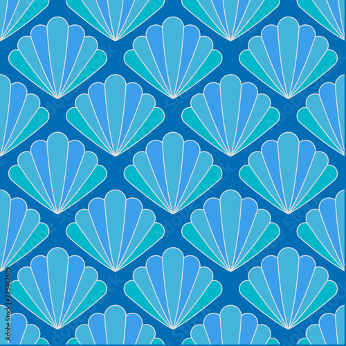 Floral Geometric Art Nouveau Seamless Decorative Pattern. Blue Stylized Seashells.