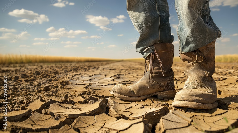 Farmer standing on parched landscape. Farmer standing on parched landscape.