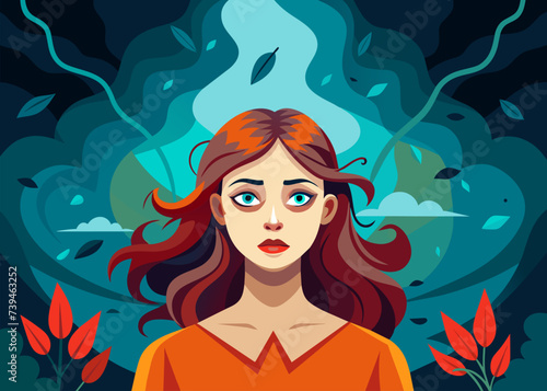 Sad Woman in PTSD, Understanding Phobia and Fear of Unsafe Outdoors. Illustration of a Stressed Individual Coping with Mental Anxiety Disorder and Fear of Leaving Home. Isolated Flat Vector Concept.