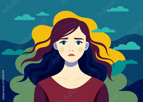Depressed Sad Lonely Woman. Anxiety & Sorrow Vector Cartoon Illustration, Loneliness Concept of Depression with Stressed Girl in Need of Psychotherapy Help