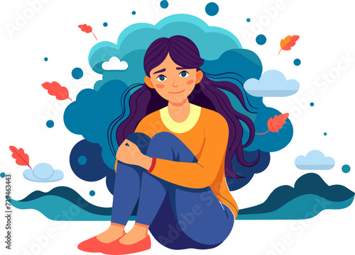 Sad Lonely Woman in Depression and Psychology. Smiling Young Unhappy Girl Hugging Knees, Depressed Teenager. Colorful Flat Cartoon Vector Illustration