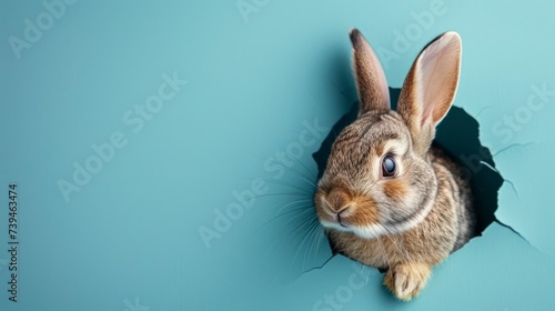 Bunny peeking out of a hole in blue wall, fluffy eared bunny easter bunny banner