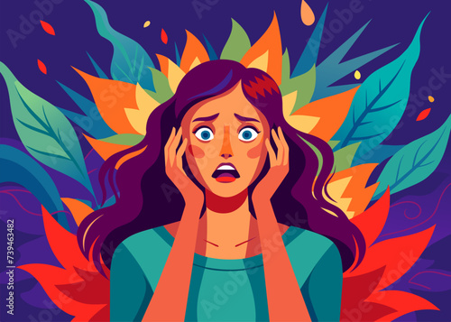 woman in anxiety, face, expression, problem, mental stress, worry, depression, anxiety concept. Young anxious worried woman girl teenager character looking stressed and nervous with hands on mouth