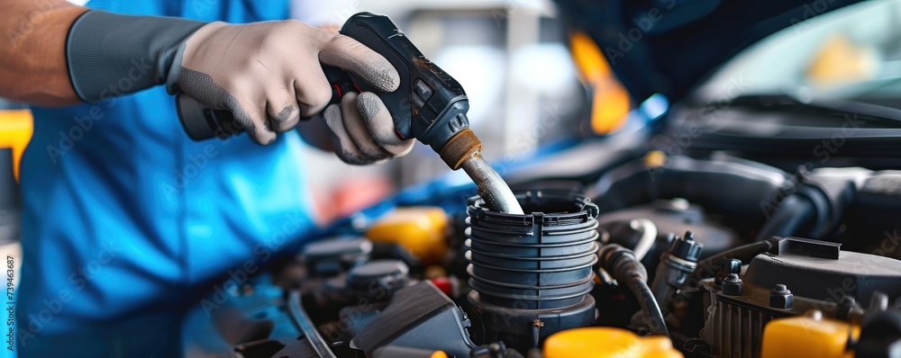 Fototapeta premium Car mechanic hands changing the fuel filter in garage