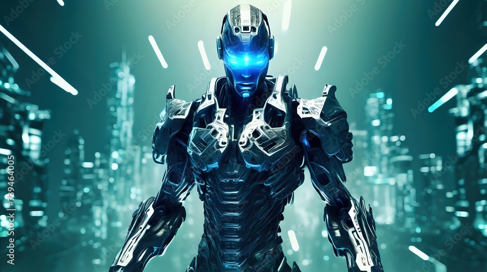 A digital avatar representing a hacker, clad in cybernetic armor and wielding virtual weapons in a virtual landscape.