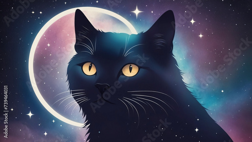 cute black cat in the night stars sky with full moon blue violet nebula  illustration