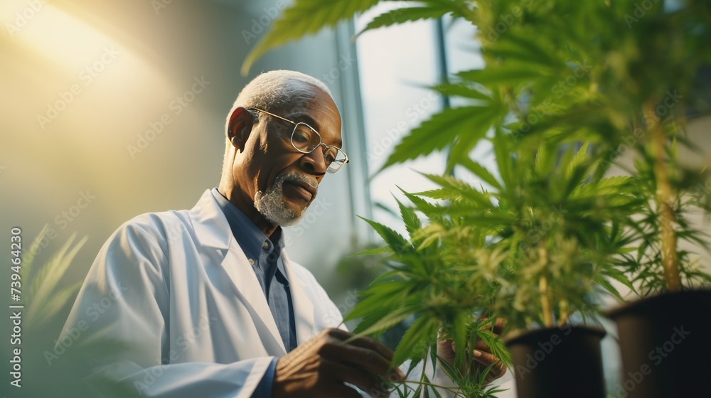 Old man scientist grows medical cannabis in scientific laboratory checking quality of plants - obrazy, fototapety, plakaty 