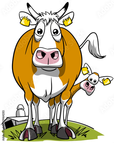 Blonde holstein cow with her calf looking at the viewer head-on in a meadow with the farm barn in the background, cartoon style.