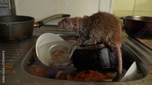 Obraz na płótnie Dirty pan, vegetable peelings in a kitchen sink, gray rat , a littered water pipe