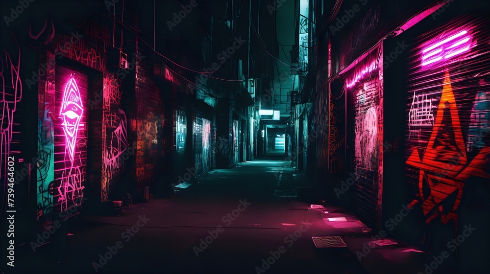 A dark alley lit by neon signs, with graffiti depicting hacking symbols and digital art, reflecting the underground culture of hacking.