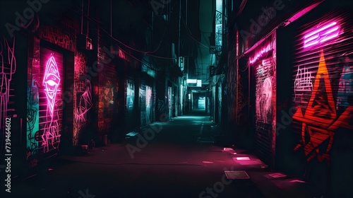 A dark alley lit by neon signs, with graffiti depicting hacking symbols and digital art, reflecting the underground culture of hacking.