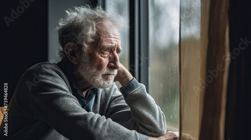 elderly senior male or depressed grandpa at nursing home living room on quarantine looking out window feeling sad ©  Mohammad Xte