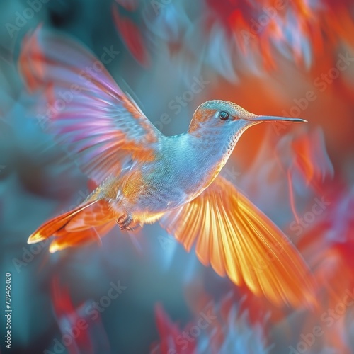 A high-speed photograph capturing the precision and elegance of a hummingbird mid-flight, its wings a blur of vibrant colors.  © Nico