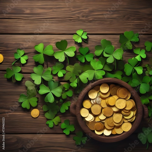 top view of pot with golden coins and shamrock on wooden table, st patricks day concept St Patrick's background with gift box , gold coins and green leaves for banner or poster design 