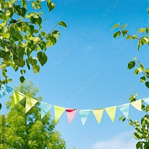pennant banners with sky and branch in the background, party and celebration events concept