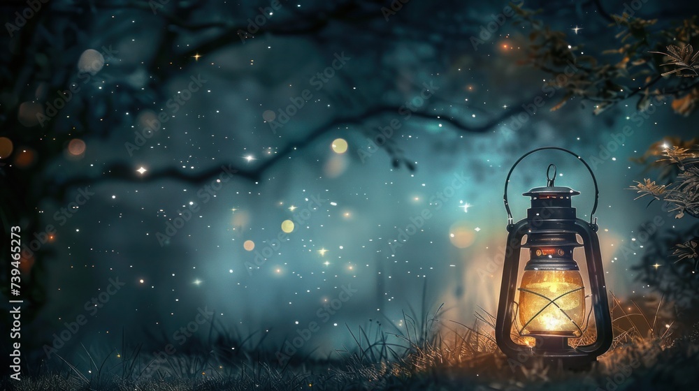 Mystical night in forest with gold glowing lantern, Copy space Mystical night in forest with gold glowing lantern, Copy space