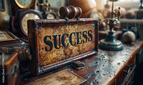 Antique Success Text on a Vintage Wooden Box Amidst Retro Objects, Symbolizing Achievement and Prosperity in Timeless Setting photo