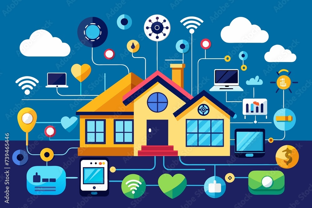 illustration of smart home, Smart home. Futuristic modern house with complex technology. IOT, internet of things, concept. Interconnected smart appliances