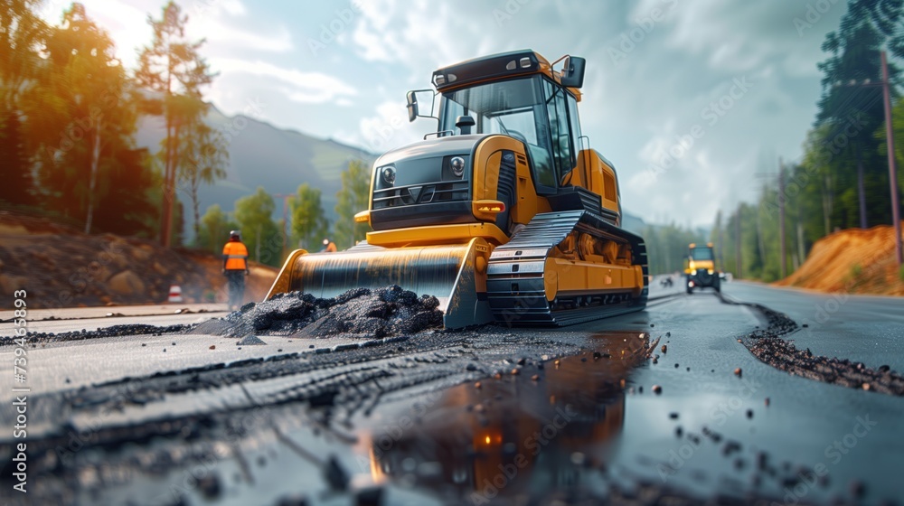 Close-up of a car rolling on the road working at a new road construction site. Close-up of a car rolling on the road working at a new road construction site.