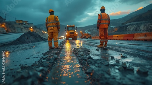 Workers construct asphalt roads and work on asphalt roads. construction site new asphalt road road construction worker and road construction machinery scenes. photo