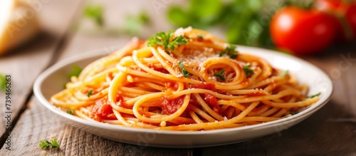 Delicious spaghetti dish with homemade tomato sauce and parmesan cheese topping
