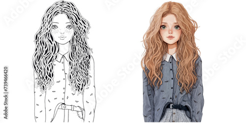 Cute girl with freckles and long hair wearing a shirt. Adult coloring book page. Black and white Hand drawn picture and coloring illustration. Sketch. Vector illustration. Zentangle style.