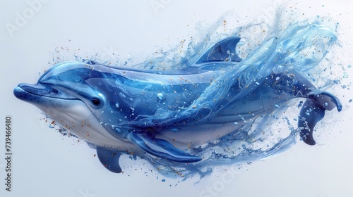 Dolphin model with wave pattern in the background. The art of water splashing.