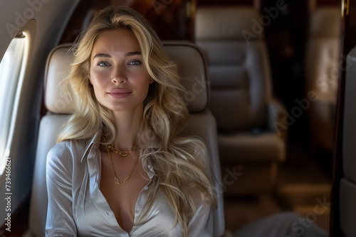 Elegant lady in a private jet. Businesswoman or rich woman  in airplane business class, wearing beautiful clothes. © Loucine