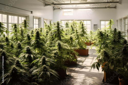 Cannabis marijuana science lab farming focused on increasing THC and CBD chemicals in cannabis flowers. Greenhouse ensures controlled environment for medical industry standards. © Людмила Мазур