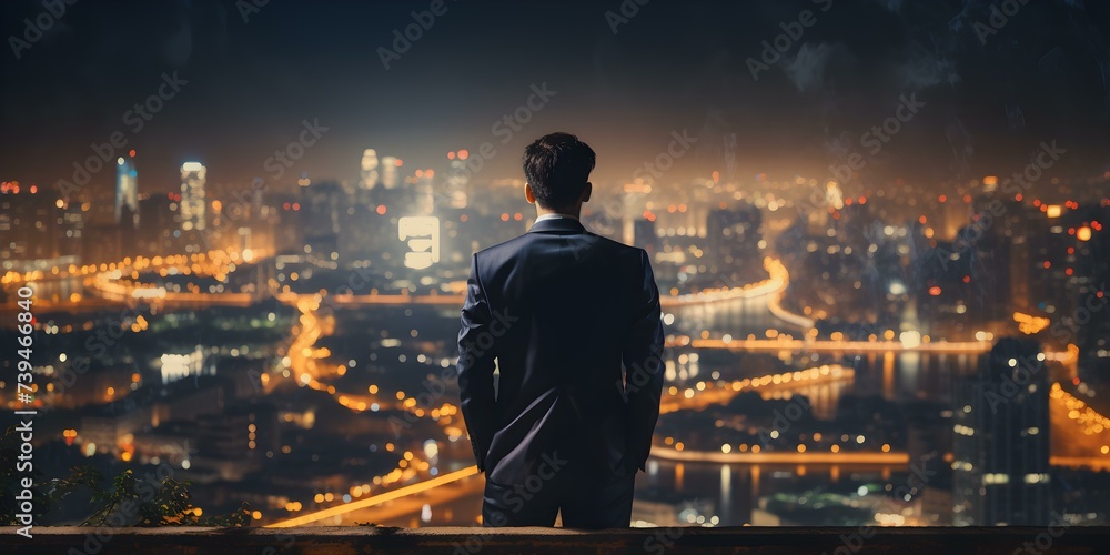 Businessman ponders career amidst city skyline embracing possibilities and aspirations from afar. Concept Career Growth, City Skyline, Businessman, Aspirations, Possibilities